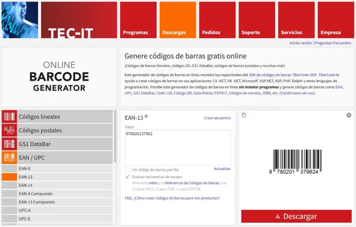 Generador gratuito de códigos de barras